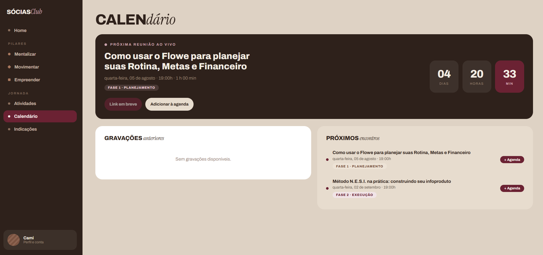 Hub das Sócias — Calendário